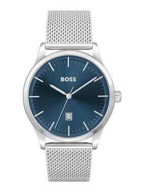 Hugo Boss Mens Watch Blue Dial Mesh Stainless Steel Bracelet Date Quartz New Box